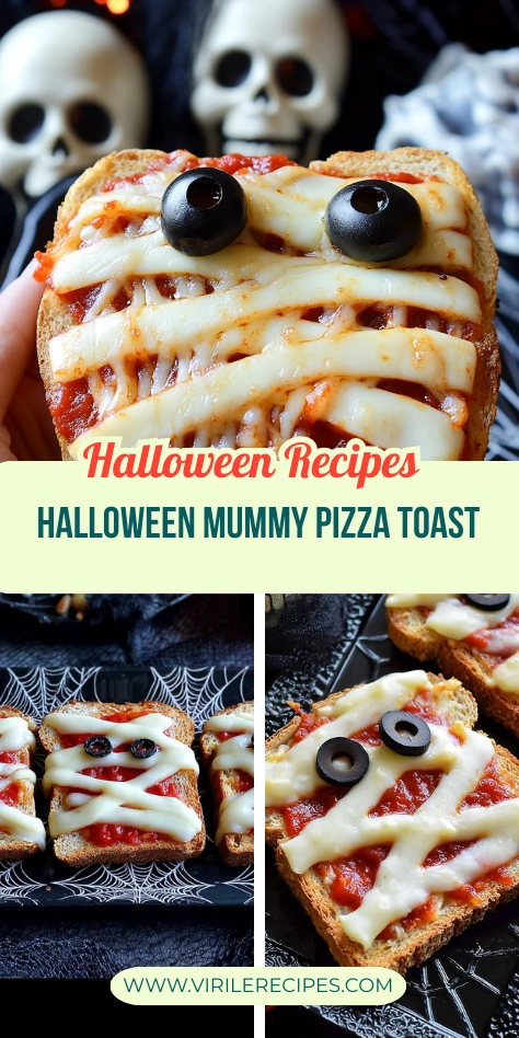 Collage of Halloween mummy pizza toast with melted mozzarella, olive eyes, and spooky skull decor