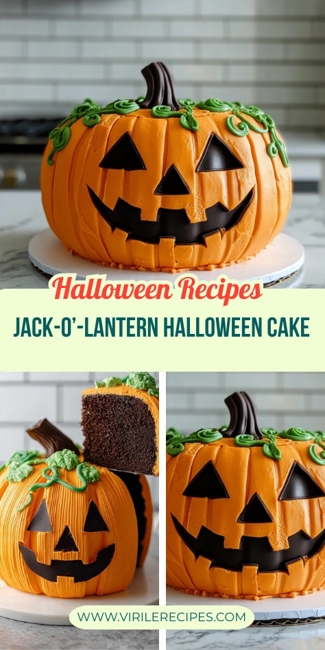 Halloween jack-o'-lantern cake with orange frosting, black fondant face, curly green fondant vines, and chocolate cake slice.