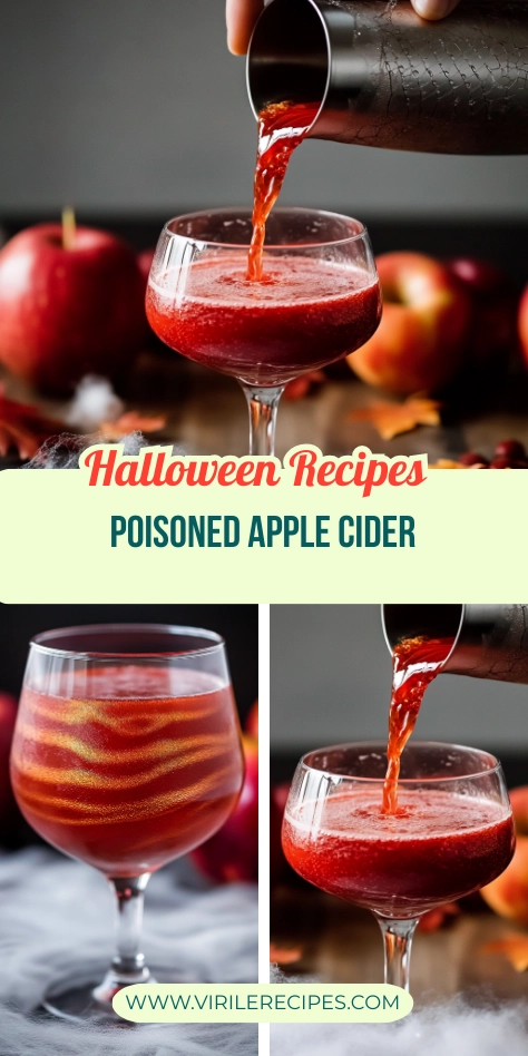 Collage of Halloween-themed poisoned apple cider cocktails with spooky swirls, fresh apples, and festive fall decor.