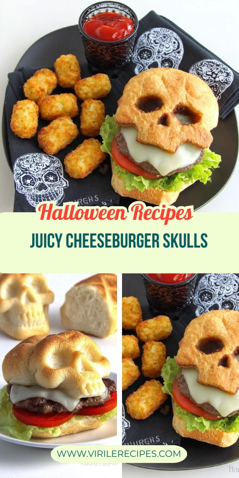 Vertical collage of Halloween skull cheeseburgers with tater tots, featuring closeups and styled top-down shots with skull napkins and ketchup glass