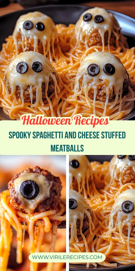 Halloween spaghetti and cheese-stuffed meatballs decorated with mozzarella and olive eyes in a spooky ghost style