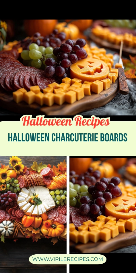 Halloween charcuterie board collage with cheddar jack-o’-lantern, meats, cheeses, grapes, mini pumpkins, and fall-themed decor.