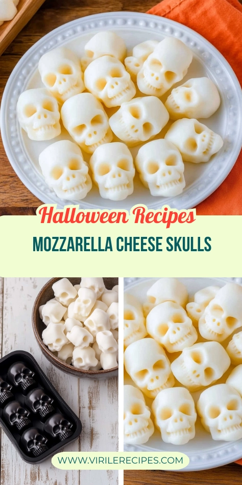 Mozzarella cheese skulls for Halloween served with a black silicone mold and rustic fall-themed setup