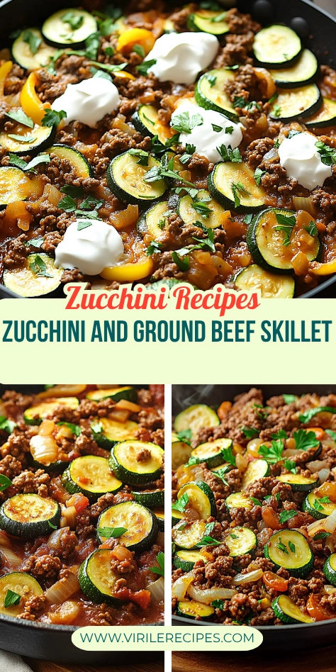 Collage of zucchini and ground beef skillet recipes with sour cream, fresh parsley, and bold text promoting zucchini recipes.