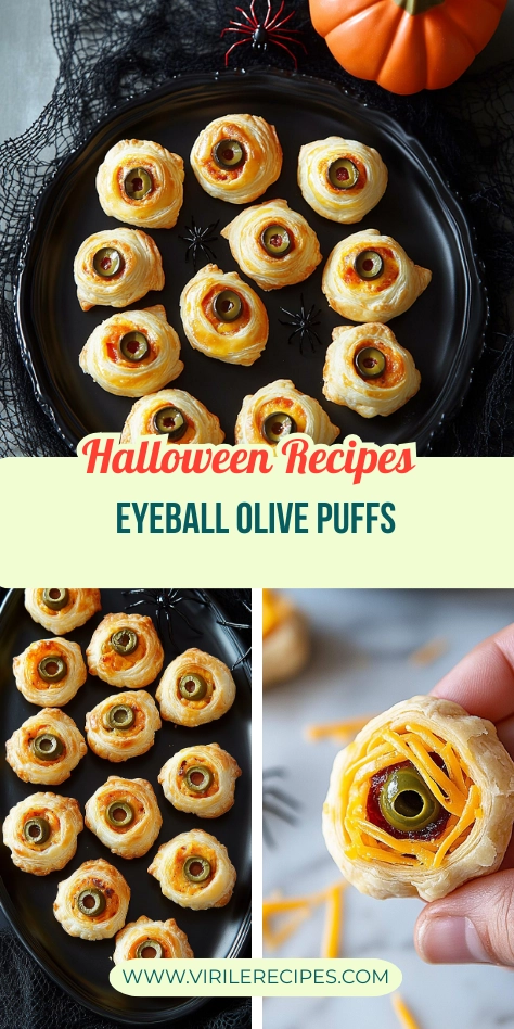 Halloween eyeball olive puff pastry bites served on a black plate with festive decor and fake spiders