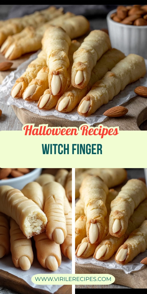 Collage of Halloween witch finger cookies made from shortbread with almond nails and realistic finger details.