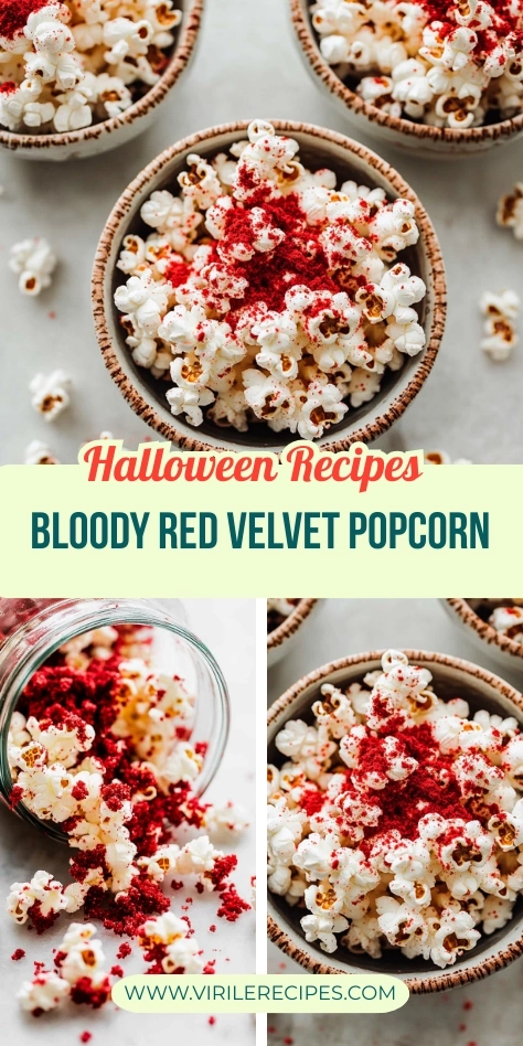 "Collage of Halloween Bloody Red Velvet Popcorn in ceramic bowls and jar spilling onto marble surface with red crumbs."