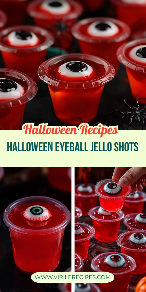 Halloween Eyeball Jello Shots with red jelly, candy eyeballs, and spiders, perfect for a spooky party.