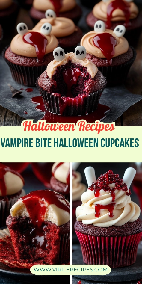 Halloween vampire bite cupcakes with buttercream frosting, raspberry filling, and candy eyeballs or fangs.