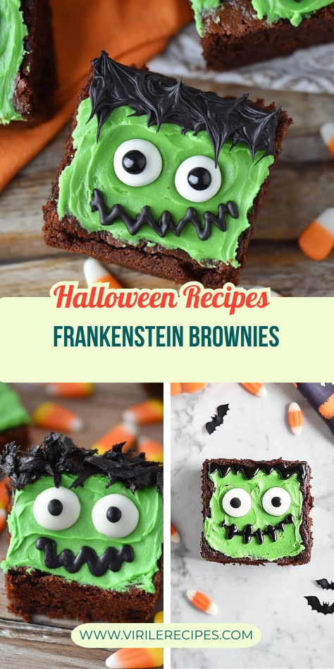 Collage of Halloween Frankenstein brownies decorated with green frosting, black icing hair, candy eyes, and a smile. Includes Halloween-themed decorations like bats and candy corn.
