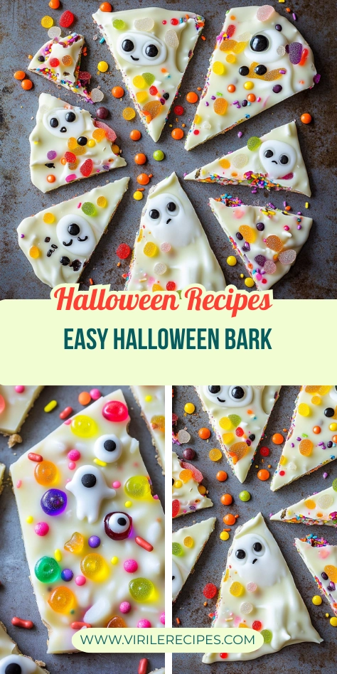 White chocolate bark pieces decorated with colorful gummy candies, ghost-shaped candy, and bright sprinkles, arranged in a fun Halloween-inspired design.
