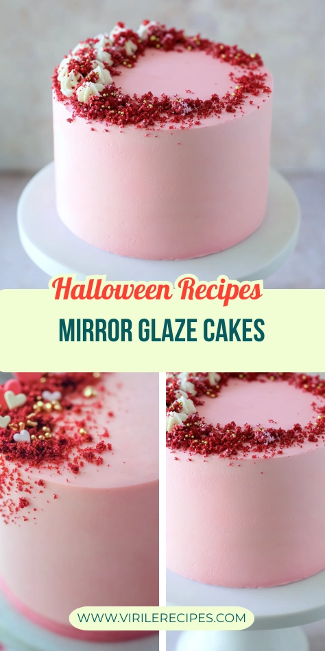 Close-up of a pink mirror glaze cake with red velvet crumbs and heart-shaped sprinkles, perfect for Halloween.