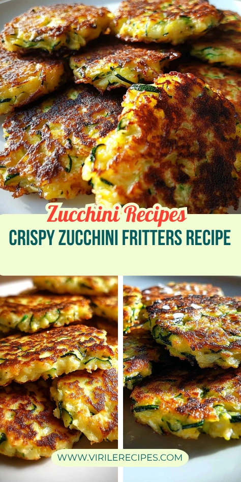 Collage of golden crispy zucchini fritters with text overlay promoting zucchini recipes and crispy fritter recipe