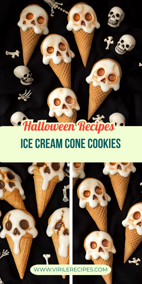 Halloween skull ice cream cone cookies with dripping white icing and skeleton decorations, set against a dark background with the text "Halloween Recipes" and "Spooky Baked Halloween Chips."