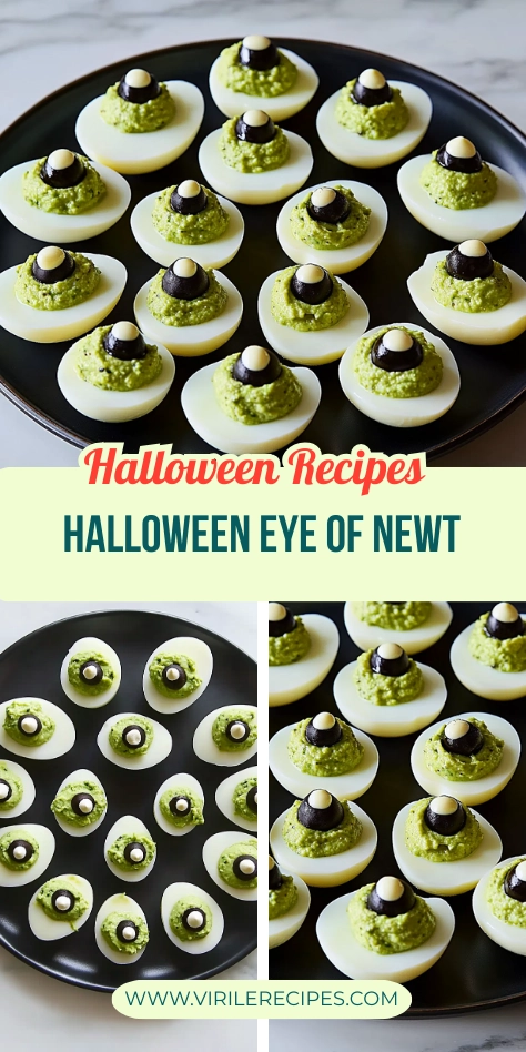 Halloween “Eye of Newt” deviled eggs with green filling and olive eyeballs on a black plate in a Pinterest collage.