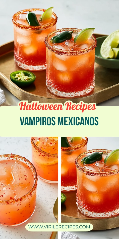 Collage of Mexican vampiro cocktails with chili-lime rims, jalapeños, and lime on gold tray.