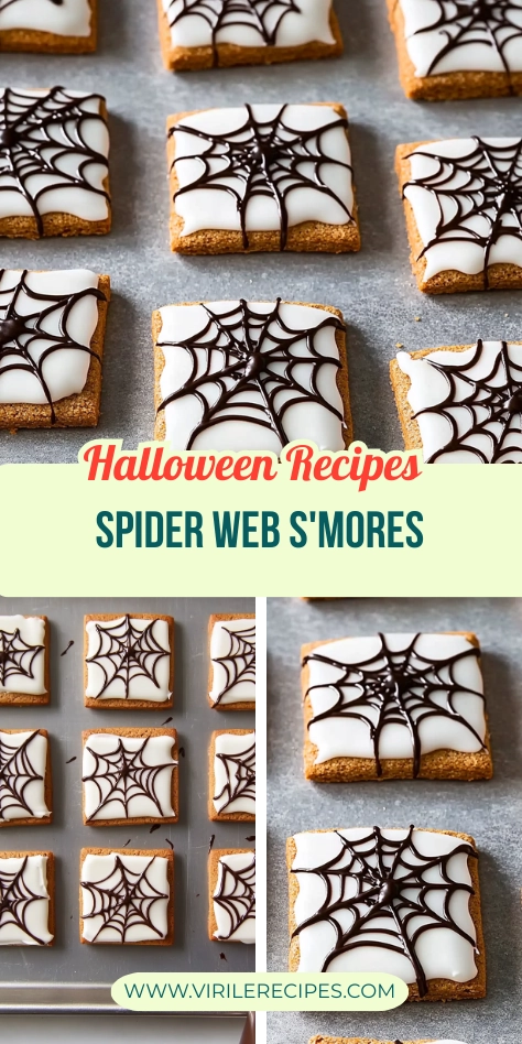Pinterest-style Halloween recipe pin showing spider web s’mores cookies with white icing and chocolate decoration.