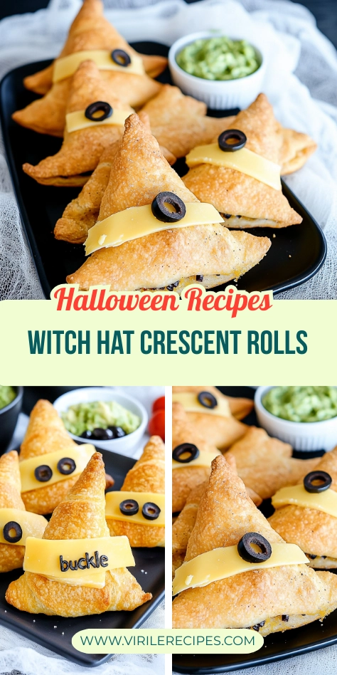 Halloween witch hat crescent rolls with cheese and olives, served with guacamole and fresh tomatoes.