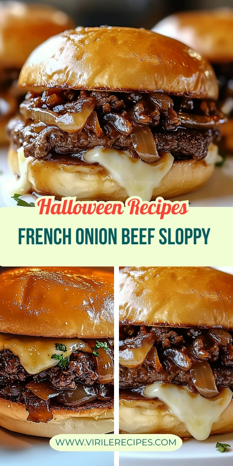 Halloween-inspired French onion beef sloppy sandwich with melted cheese and caramelized onions on a toasted brioche bun.