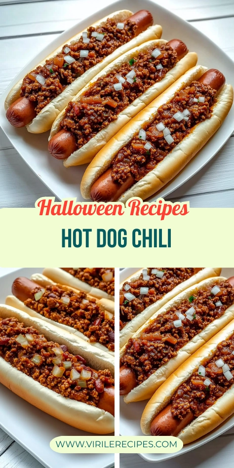 Halloween recipe featuring delicious hot dogs topped with savory chili made from ground meat, onions, and spices, served in soft buns with a festive design.