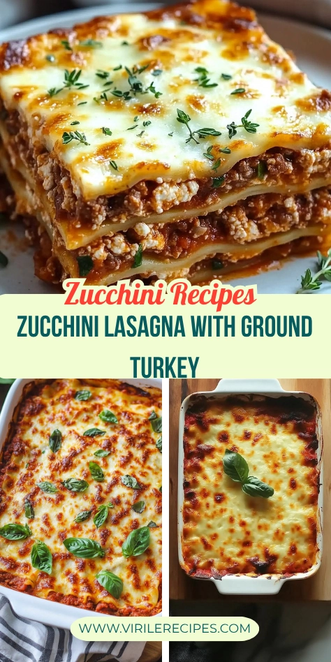 Pinterest collage of zucchini lasagna with ground turkey, featuring a cheesy slice, baked dishes, and fresh basil topping.