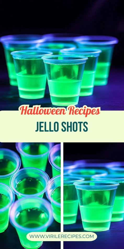 Neon green glowing jello shots in clear plastic cups, arranged in a dark setting, perfect for Halloween or themed parties