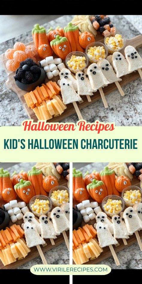 Kid’s Halloween charcuterie board with ghost sandwiches, pumpkin clementines, cheese cubes, popcorn, and festive snacks.