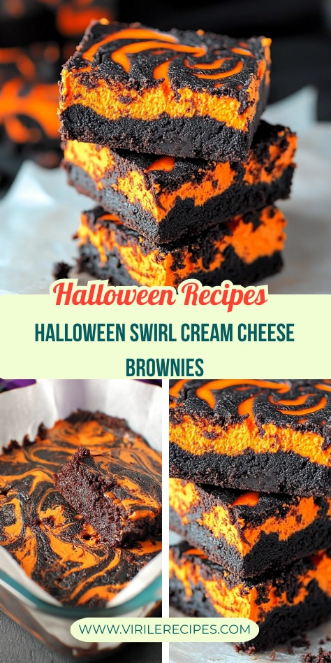 Collage of Halloween swirl cream cheese brownies with black and orange cheesecake layers, stacked and served.