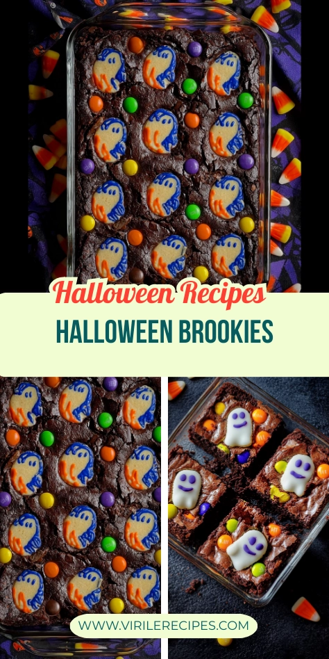 Pinterest collage of Halloween brookies in a glass dish, topped with ghost sugar cookies, fondant ghosts, and colorful candies, styled with festive candy corn and decorations.