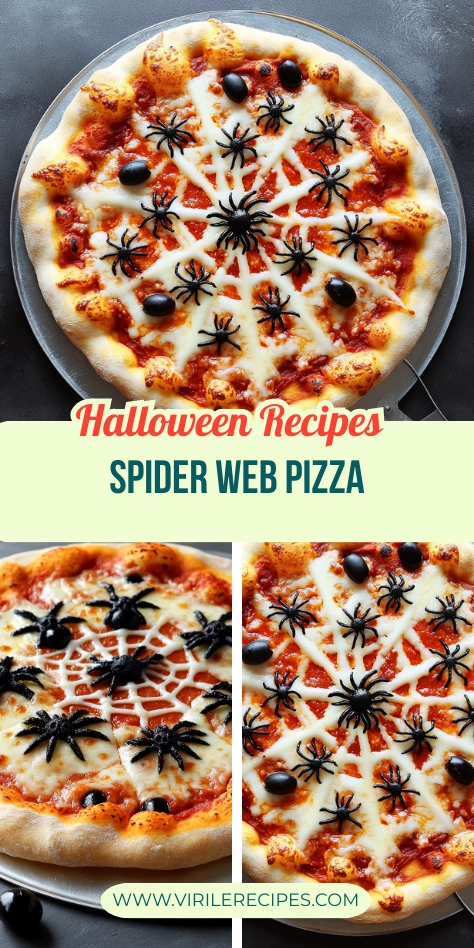 Halloween spider web pizza collage with olive spiders and mozzarella webs on golden crusts