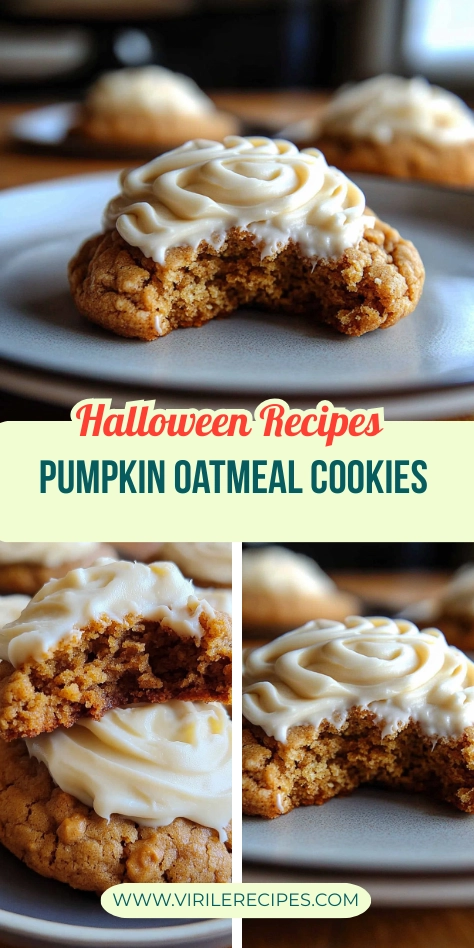 Pumpkin oatmeal cookies with creamy frosting, styled for Halloween recipes