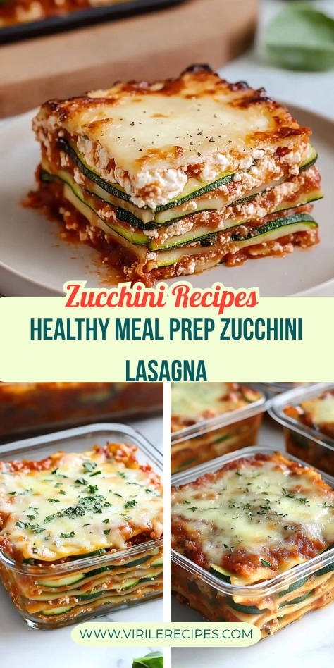 Collage of healthy zucchini lasagna with individual servings and a plated slice