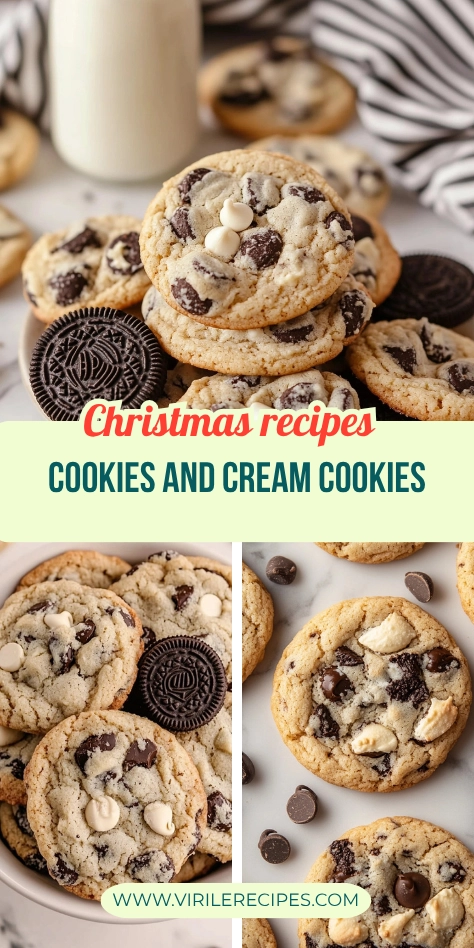 Christmas cookies and cream cookies with Oreo chunks and white chocolate chips styled with milk and festive decor