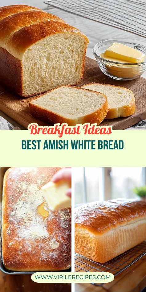 Fluffy Amish white bread loaf sliced on a wooden board with butter, featuring soft texture and shiny golden crust.