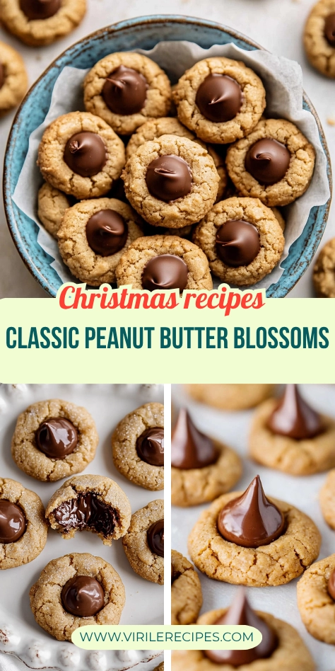Collage of classic peanut butter blossom cookies in a bowl, close-up with melted chocolate, and holiday-themed layout.