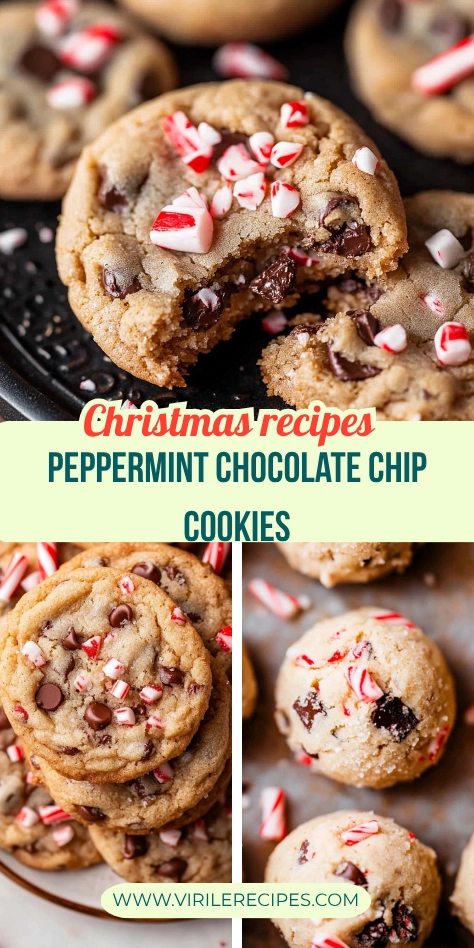 Freshly baked peppermint chocolate chip cookies topped with crushed candy canes and melty chocolate chips, perfect for Christmas baking.