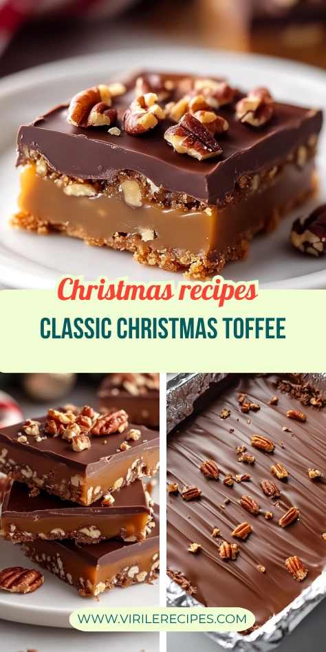 Collage of classic Christmas toffee bars featuring chocolate, pecans, and caramel in a festive holiday setting.