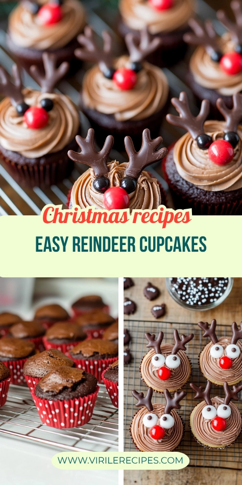 Christmas-themed reindeer cupcakes with chocolate frosting, candy eyes, and red noses in festive red liners.