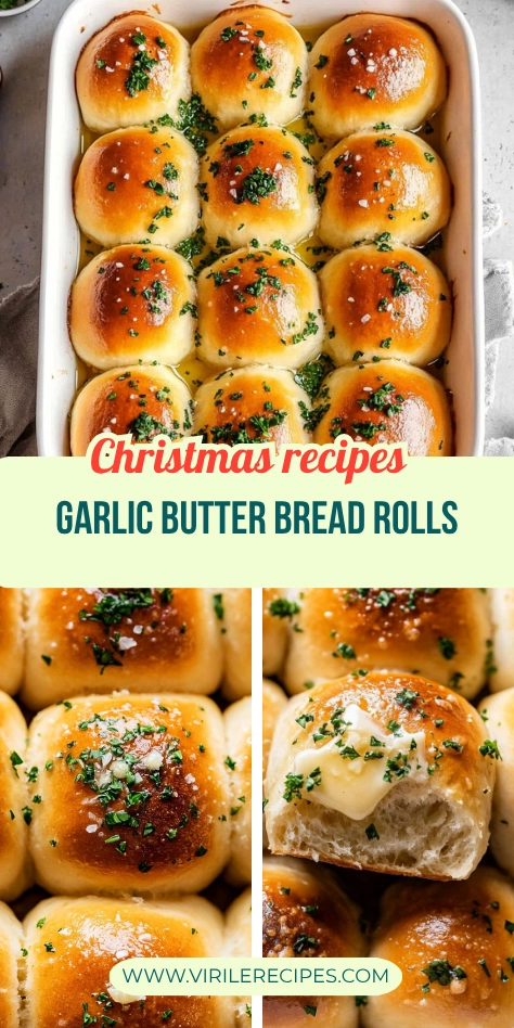 Christmas Garlic Butter Bread Rolls – Soft, Fluffy & Buttery Perfection These festive garlic butter bread rolls are baked until golden, brushed with buttery garlic and herb goodness, and perfect for your Christmas dinner table. With a warm, fluffy center and melty butter finish, they’ll disappear fast! Christmas garlic butter bread rolls with melted butter and fresh herbs in a white baking dish