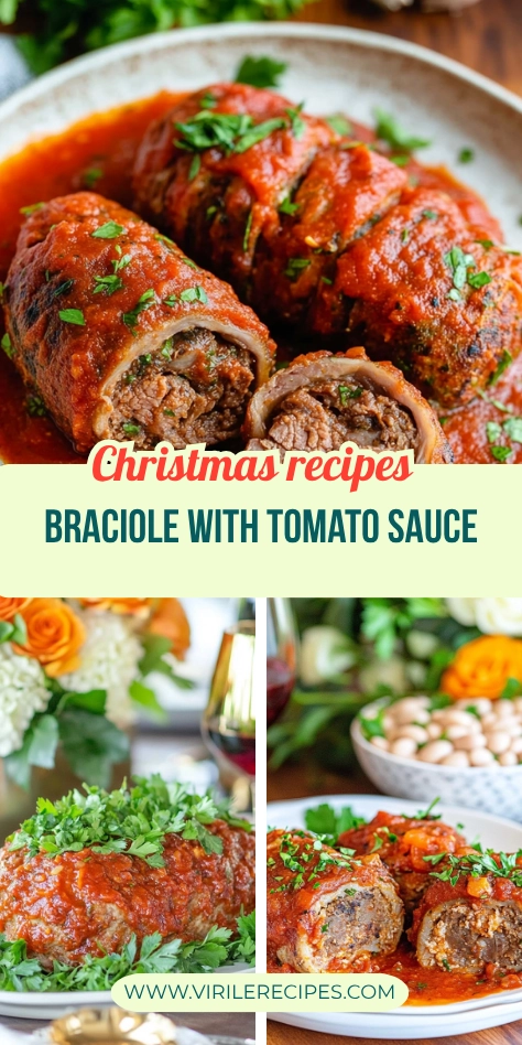 Christmas-style Italian braciole with tomato sauce served on plates with holiday table decor