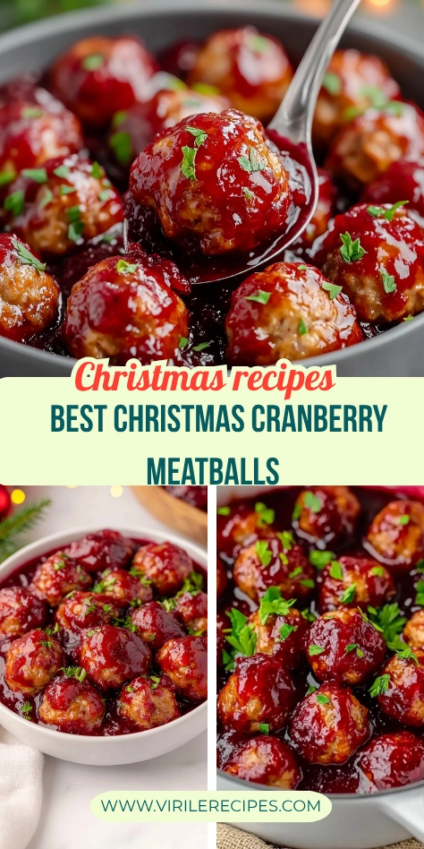 Collage of cranberry glazed meatballs served in holiday bowls with festive garnishes and Christmas decorations.