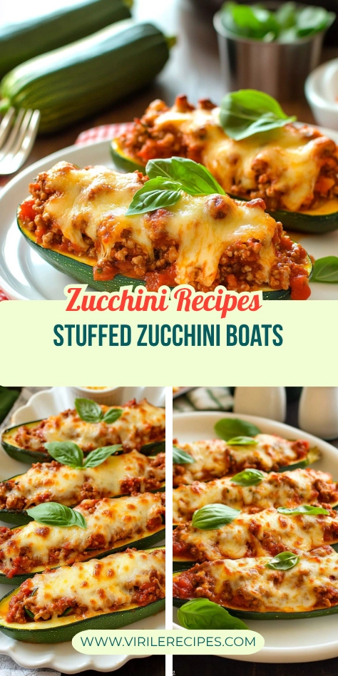 Collage of cheesy stuffed zucchini boats with ground meat and basil on white plates and platters.