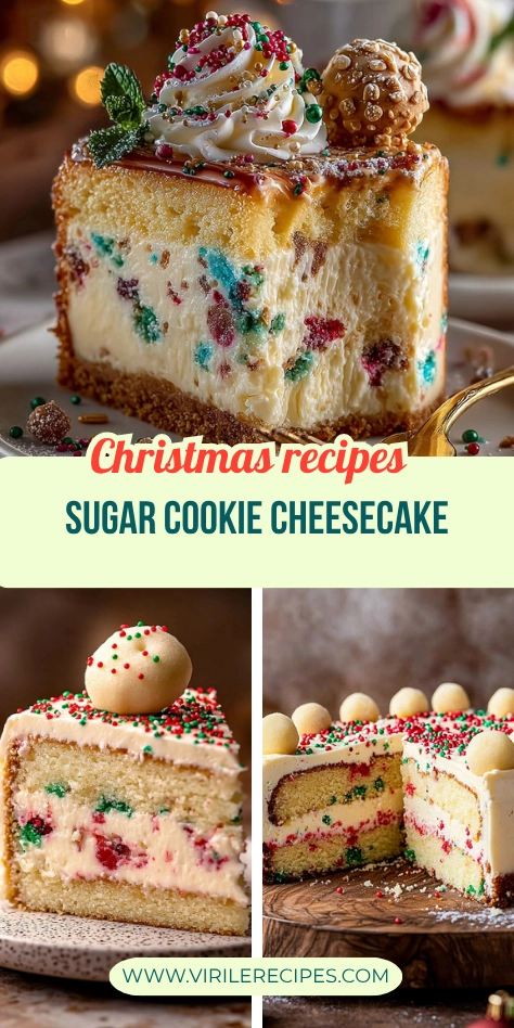 A festive sugar cookie cheesecake with vibrant red and green sprinkles, whipped cream topping, and doughy ball decoration, served with a slice showing creamy layers.
