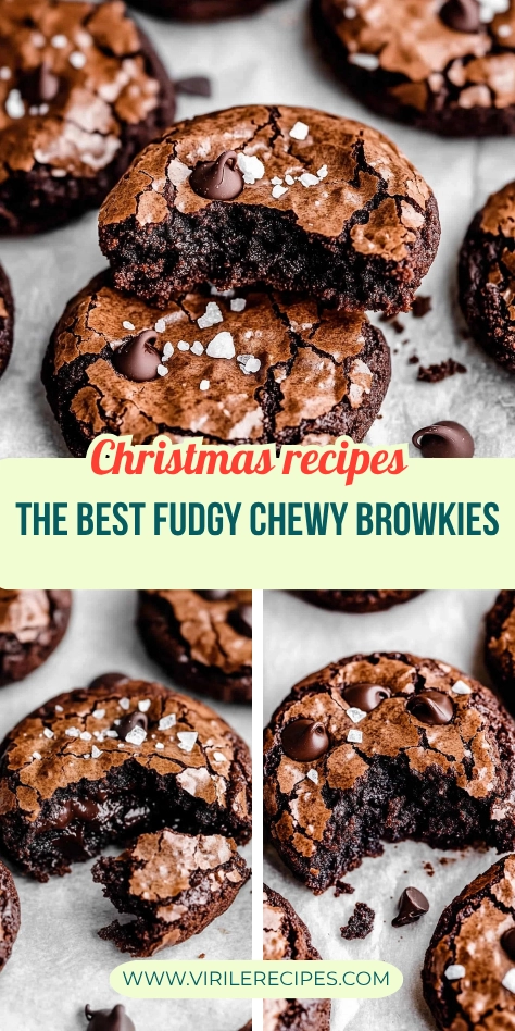 Close-up of fudgy, chewy brownie cookies with cracked glossy top, chocolate chips, and sea salt flakes on parchment paper.