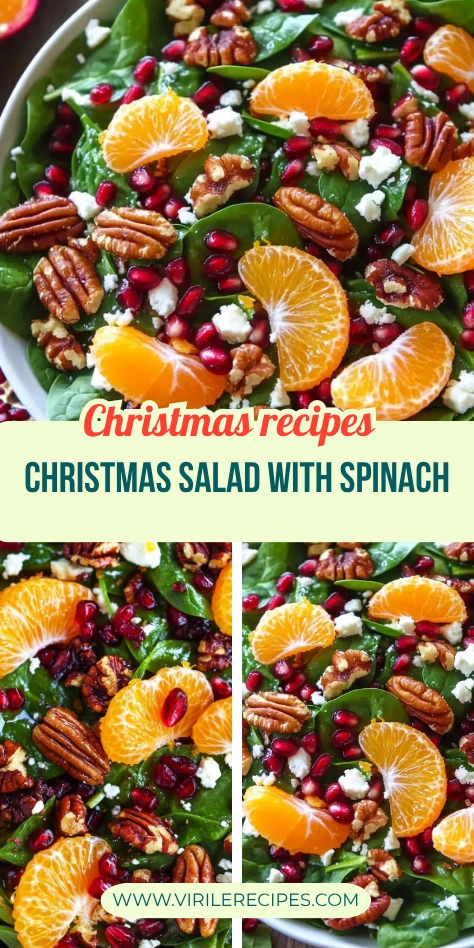 A festive Christmas spinach salad with mandarin slices, pomegranate seeds, candied pecans, and feta cheese, perfect for holiday gatherings, with a Christmas-themed backdrop.