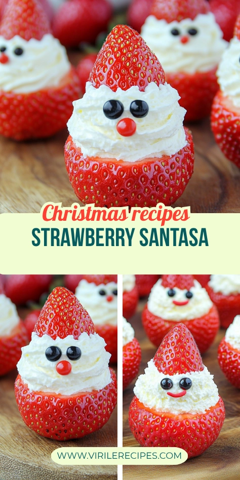 Strawberry Santas with whipped cream faces and Santa hats, perfect for a festive Christmas treat.