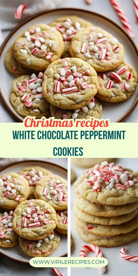 A festive image showing soft peppermint cookies with white chocolate chips and crushed candy canes, displayed on a plate and stacked with candy canes in the background.