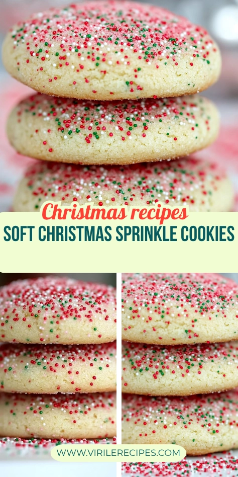 Stacked sugar cookies with red and green sprinkles for Christmas, with scattered sprinkles on a festive surface.