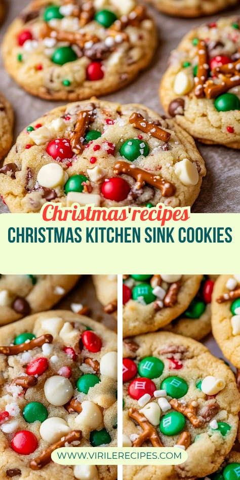 Christmas kitchen sink cookies with M&Ms, pretzels, white chocolate, and festive sprinkles on parchment paper.