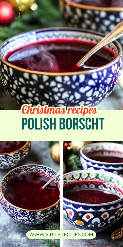 Collage of steaming bowls of Polish Christmas borscht in patterned ceramic bowls with festive holiday decorations.